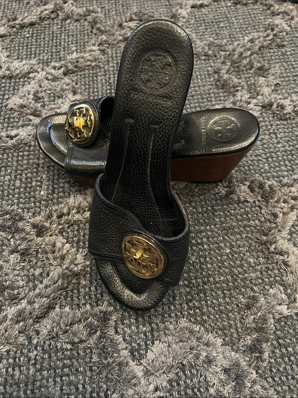 Tory Burch Black Leather Slide Wedges with Gold Logo Medallion